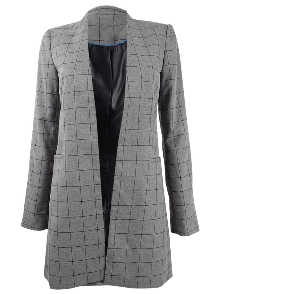 NWT- Calvin Klein Women's Petite Collarless Plaid Topper Jacket (6P Gray/Black)